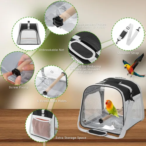 Miniatura 3 de Portador de pájaros pequeño, jaula de viaje con ventana grande con soporte y bandeja fácil de limpiar para cacatúas loro, periquito, ligero y Negro