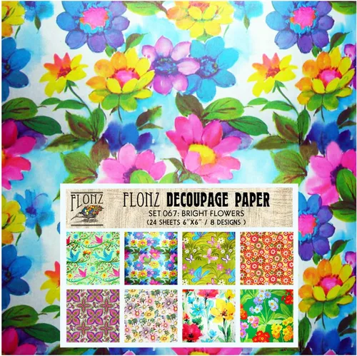 Decoupage - Paquete de papel (24 hojas de 6 x 6 pulgadas), flores brillantes, FLONZ, papel de estilo vintage para decoupage, manualidades y álbumes