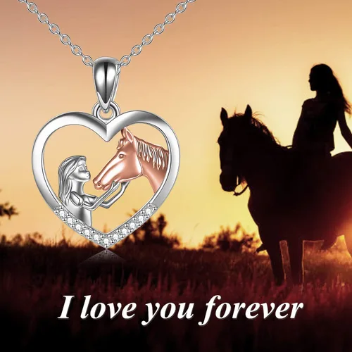 Miniatura 5 de YFN - Collar con dije de caballo de plata fina para niñas, regalo de caballos para mujeres y niñas (collar de caballo con una niña color rosa)