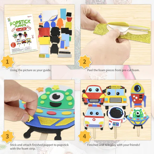 Miniatura 2 de VKPI Kit de Manualidades para Hacer 6 Marionetas de Palitos de Helado para Niños, Regalo de Manualidades de Arte de Espuma, Juguetes para la Hora