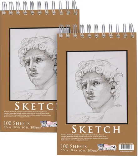 U.S. Art Supply Cuaderno de bocetos encuadernado en espiral superior de 5.5 x 8.5 pulgadas, paquete de 2, 100 hojas cada una, 60 libras (100 gsm),