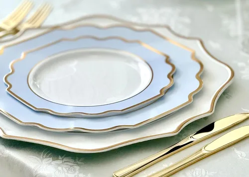 Miniatura 4 de Ocassions - Vajilla de 50-150-200 piezas para 25 invitados, color dorado C. Imperial Azul y Oro