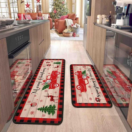 Miniatura 10 de 2 piezas de alfombras y tapetes de cocina de Navidad para el suelo con respaldo antideslizante, decoración de cocina de Navidad feliz, juego