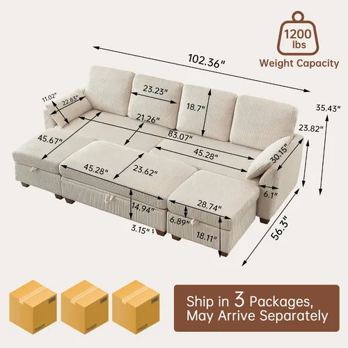 Miniatura 3 de Sofá en forma de U de 102.3 pulgadas con 2 otomanas móviles y 1 mesa auxiliar, se convierte en sofá cama, incluye 2 almohadas para reposabrazos