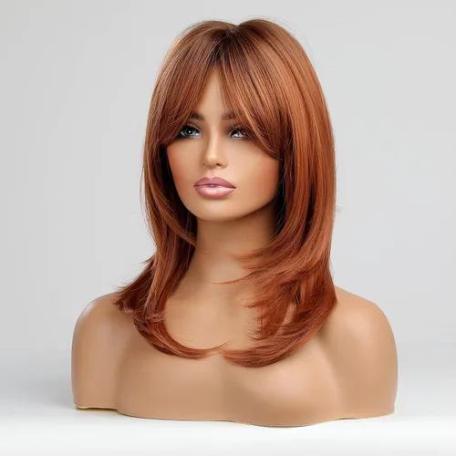 Miniatura 4 de Alanhair MEACO - Pelucas color castaño rojizo para mujer, pelucas largas en capas naranjas con flequillo, pelucas de fibra sintética resistentes al