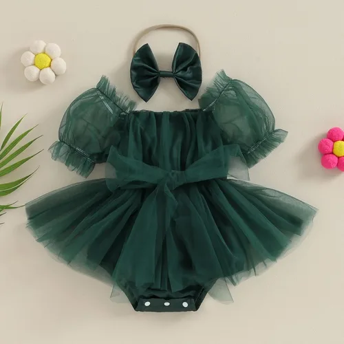 Miniatura 3 de BULINGNA Mameluco de princesa de verano para bebé niña, con manga de burbujas, tutú con falda y diadema para cumpleaños o Navidad