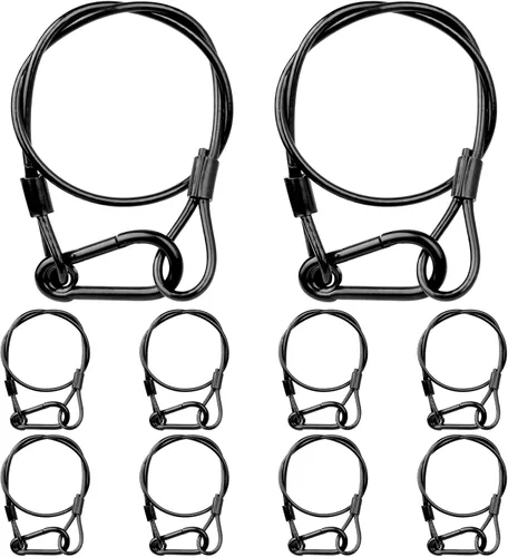 Miniatura 12 de Paquete de 4 cables de seguridad colgantes de cadena negra con abrazaderas de gancho para luces, cordón de acero inoxidable, cadenas de seguridad