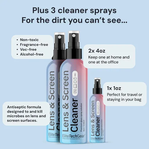 Miniatura 8 de Elite Tech Gear Kit de Cuidado Óptico, de Pantalla y Lentes - Aerosol de 3 Piezas (2x4oz+1oz) con 2 Paños de Microfibra - Solución para Anteojos Sin