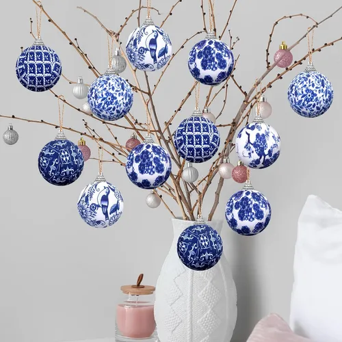 Miniatura 7 de Preboun 12 adornos de bola Chinoiserie de Navidad azules y blancos, decoración de árbol Chinoiserie, adornos colgantes de árbol de Navidad