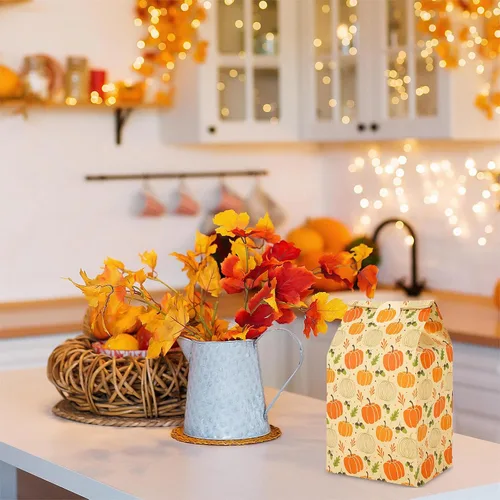 Miniatura 6 de Whaline 36 bolsas de regalo de fiesta de otoño, hojas de calabaza, bolsas de regalo de papel kraft con etiquetas, calcomanías de agradecimiento