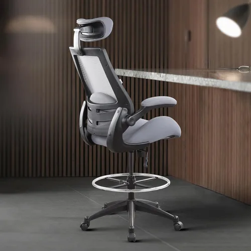 Miniatura 5 de BOLISS Silla de oficina para computadora de respaldo alto de 400lbs con reposabrazos abatibles, soporte lumbar y reposapiés grande ajustable (Gris)