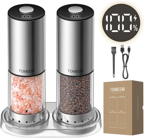 Miniatura 10 de TOMEEM Rechargeable Electric Salt and Pepper Grinder Set, 115ml Large Capacity Stainless Steel Automatic Pepper Mill with Storage Base, LED Display