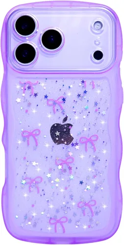 Miniatura 112 de Qokey Funda para iPhone 12 Pro Max de 6.7 pulgadas, diseño de onda rizada, borde transparente, brillante con purpurina, estrella brillante, bonita