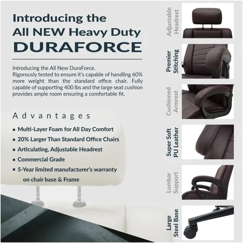 Miniatura 6 de Romig DuraForce - Silla de oficina grande y alta, 400 libras, silla de escritorio ejecutiva resistente con asiento extra ancho, respaldo alto, silla