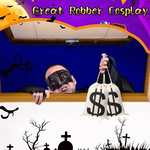 Miniatura 7 de 4 bolsas de dinero de lona de 6.3 x 9 pulgadas, bolsa de dinero de Halloween con letrero de dólar, sacos de dinero para disfraz de ladrón de bancos