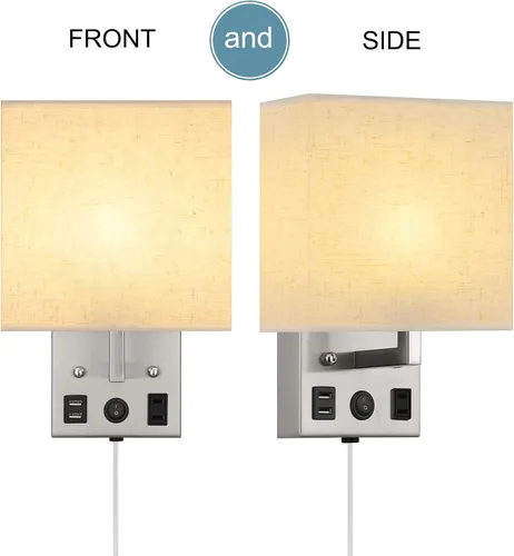 Miniatura 4 de Juego de dos apliques de pared negros, luces de pared de noche para dormitorio, aplique de pared enchufable con puertos USB y tomas, lámpara