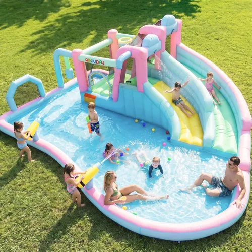 Toboganes acuáticos inflables gigantes, parque acuático de doble toboganes para niños grandes, regalos con área de salto, piscina grande para