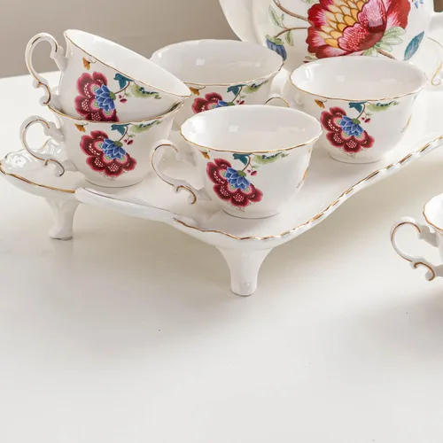 Miniatura 6 de Juego de 4 tazas de té de cerámica, tazas de café y platillos (azul y rojo)
