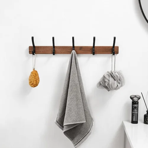Perchero de pared montado, estante de gancho de madera de nogal resistente con 5 ganchos dobles de metal para colgar abrigos, colgador de abrigos