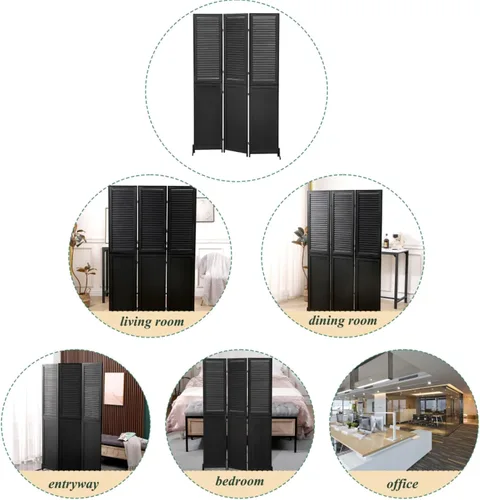 Miniatura 5 de Divisor de habitación de 3 paneles de 6 pies de alto, pantalla de privacidad plegable de madera negra, partición de habitación independiente