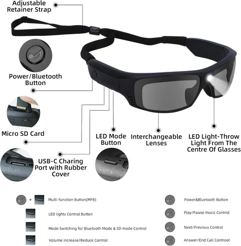 Miniatura 9 de Lentes de seguridad inteligentes con Bluetooth para hombres y mujeres, volumen ultra fuerte, luces LED recargables de 20 horas de tiempo