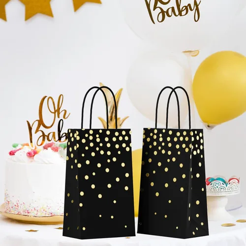 Miniatura 6 de ECOHOLA Bolsas de regalo de papel de aluminio negro y dorado con asas negras, 25 piezas de lunares metálicos dorados para regalos, minoristas