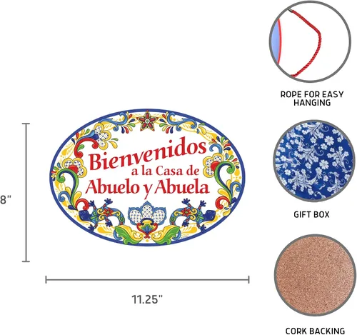 Miniatura 2 de Bienvenidos a La Casa de Abuelo & Abuela" - Letrero de cerámica para puerta de entrada de 11 x 8 pulgadas con ilustraciones tradicionales, Amarillo