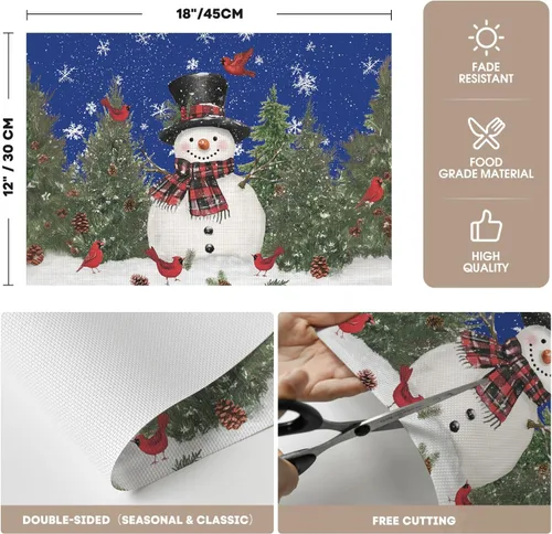Miniatura 6 de Artoid Mode - Juego de 4 manteles individuales de vinilo con diseño de muñeco de nieve y árboles, florales navideños, azules, lavables, tejidos