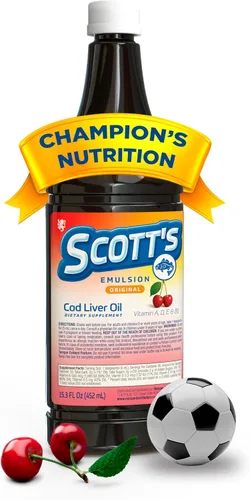 SCOTT'S EMULSION Aceite de hígado de bacalao líquido para niños, sabor a cereza, apoya el crecimiento, la inmunidad y la salud ósea, rico en omega 3