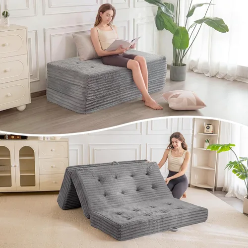 MAXYOYO Colchón plegable con asas, colchón de piso de 6 pulgadas, sofá cama de triple pliegue, cama plegable de pelo sintético suave con relleno de