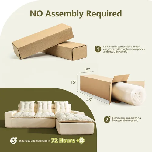 Miniatura 3 de 106" Cloud Boneless Couch with Chaise, L-Shape Deep Seat Sectional Couches, No Assembly Required, Convertible Modular Sleeper Sofa Bed, Living Room