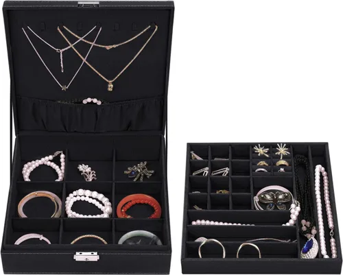 Miniatura 2 de MOSISO Joyero, organizador de almacenamiento de joyas, apilable, de doble capa, con bloqueo, para mujeres, collar, aretes, pulsera, anillo y broche