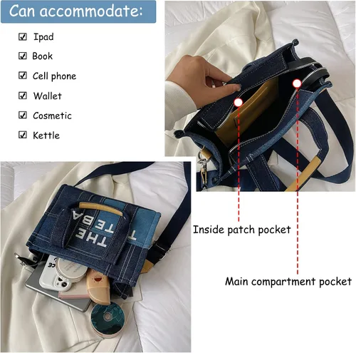 Miniatura 4 de Bolso de mano para mujer, bolso de mano con cremallera, lona, piel sintética, bolso cruzado de mezclilla, bolso de hombro para oficina, viajes