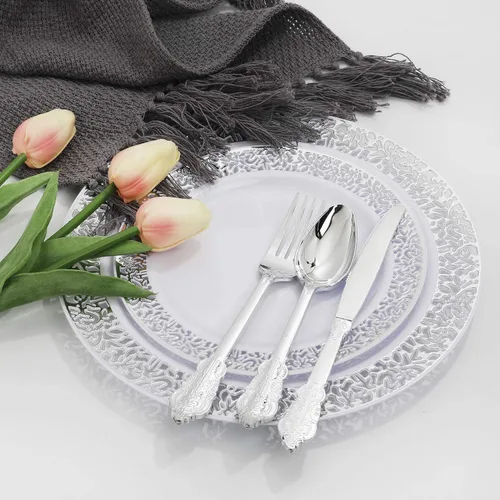 Miniatura 8 de supernal 100 platos de plástico plateado 10.25 para fiesta grande, platos de plástico blanco con borde plateado, platos desechables resistentes