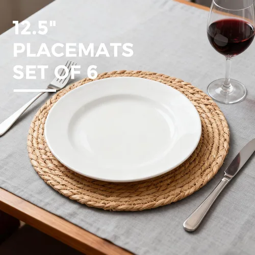 Miniatura 2 de Juego de 6 manteles individuales redondos tejidos de 12.5 pulgadas, manteles individuales de ratán natural, cargadores bohemios para platos de cena