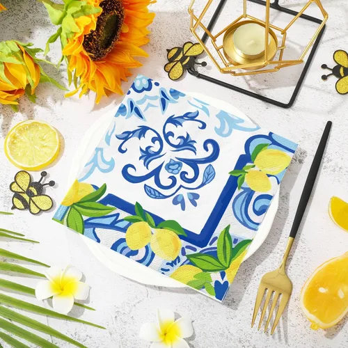 Miniatura 3 de JarThenaAMCS 80 servilletas de papel de limón de azulejos cian-azul amarillo servilletas de almuerzo acuarela limón desechables servilletas de cena