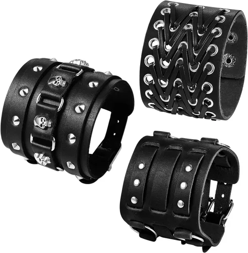 Miniatura 17 de OIDEA Assorted 3pcs Mens Punk Multistrand Leather Braided Bangle Cuff Bracelet for Biker Dad Father Size Adjustable