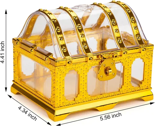 Miniatura 3 de Cofre del tesoro pirata para niños, cofre de pirata dorado transparente decorativo con cerradura y llave