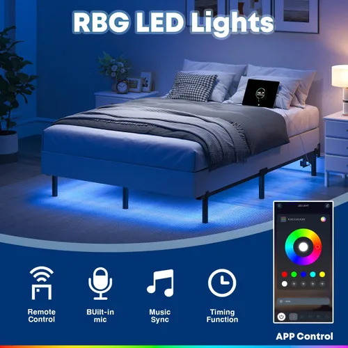 Miniatura 5 de QEROMY Base de cama matrimonial para somier, marco de cama de metal de 7 pulgadas con luces LED, base de cama de soporte de 9 patas, fácil montaje