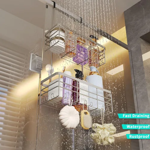 Miniatura 6 de HapiRm Organizador de ducha colgante - Organizador de ducha sin perforaciones con ganchos, estantes de baño de acero inoxidable 304 a prueba