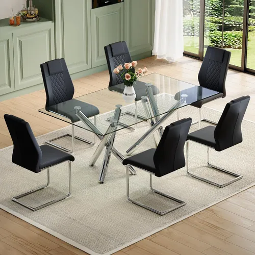 Miniatura 11 de Juego de mesa de comedor de cristal para 6,71 pulgadas, mesa de comedor para 6, mesa de cocina rectangular grande de vidrio templado y 6 sillas