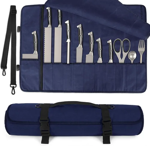 Miniatura 11 de lelezone Bolsa enrollable para cuchillos de chef, resistente al agua, funda de lona encerada para cuchillos, bolsas enrollables para chefs