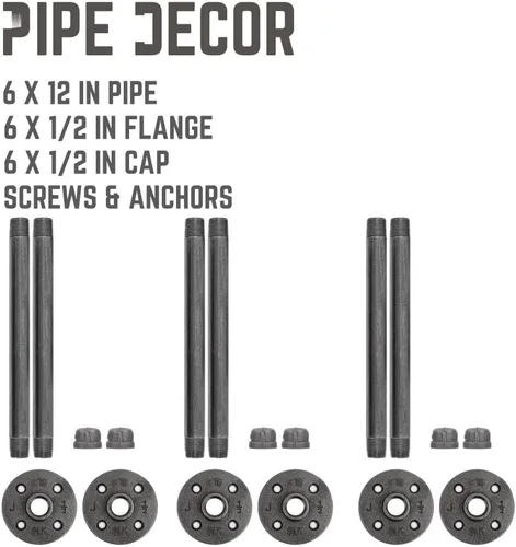 Miniatura 8 de Pipe Decor Soportes industriales para estantes – Juego de dos, accesorios industriales de acero gris hierro, bridas y tubos para estantes flotantes