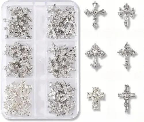 Miniatura 12 de Dijes de cruz 3D, 60 piezas de decoración de uñas de cruz de cristal dorado y plateado para arte de uñas, dijes de cruz de diamantes de imitación