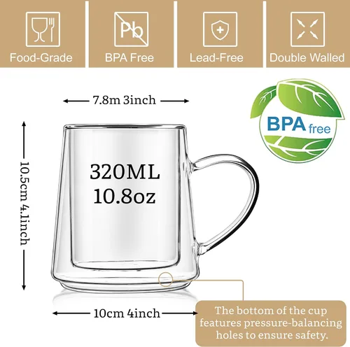 Miniatura 2 de Joeyan Juego de 2 tazas de café de vidrio de doble pared de 10.8 onzas, tazas de café de vidrio transparente aisladas con asa, tazas térmicas de dos