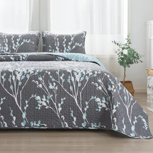 Miniatura 8 de Andency Edredón tamaño King gris azul (106 x 96 pulgadas), juego de ropa de cama ligero floral de 3 piezas, colcha acolchada de microfibra