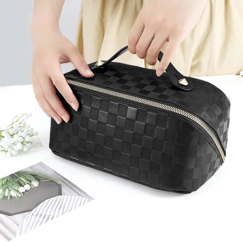 Miniatura 8 de Bolsa de cosméticos de viaje de gran capacidad - Bolsas de maquillaje portátiles para mujeres, impermeable, de cuero PU a cuadros, con organizador