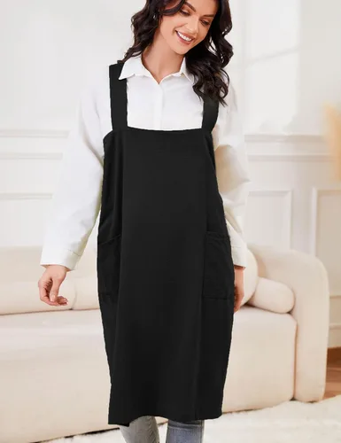 Miniatura 2 de Schine Pinafore de algodón con espalda cruzada para mujer, con bolsillos grandes, prácticos delantales para trabajos de jardinería, cocina, Negro