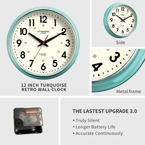 Miniatura 8 de Reloj de pared de metal de 12.4 pulgadas, relojes de pared vintage retro, estilo campestre, silencioso, sin tictac, fácil de leer para sala de Verde