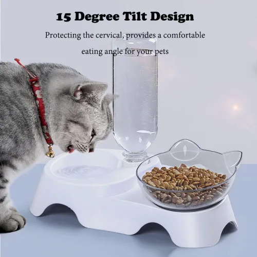 Miniatura 3 de Cuencos dobles para perros y gatos, antivómitos, cuencos elevados para comida para gatos con soporte elevado inclinado de 15° y dispensador